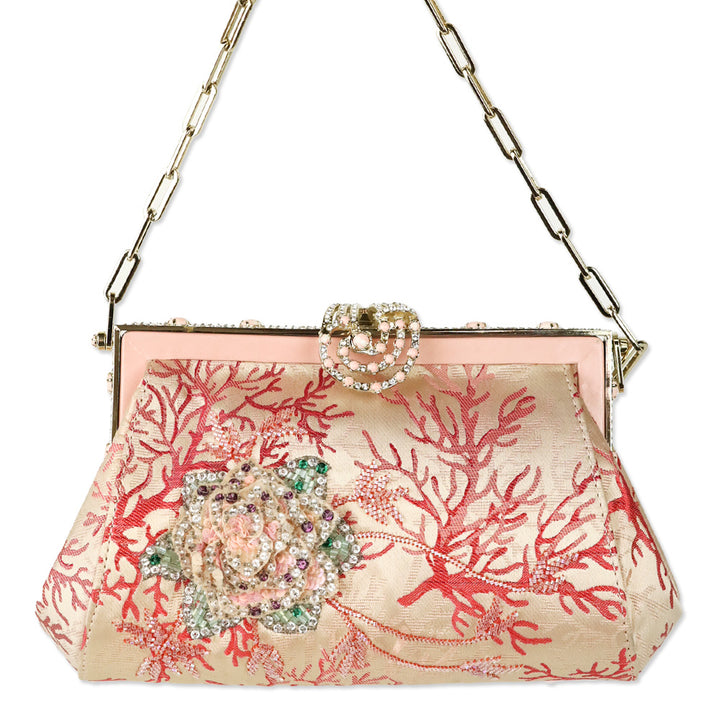 Valentino Garavani Pink Satin Coral Pattern Beaded Floral Appliqué Evening Bag