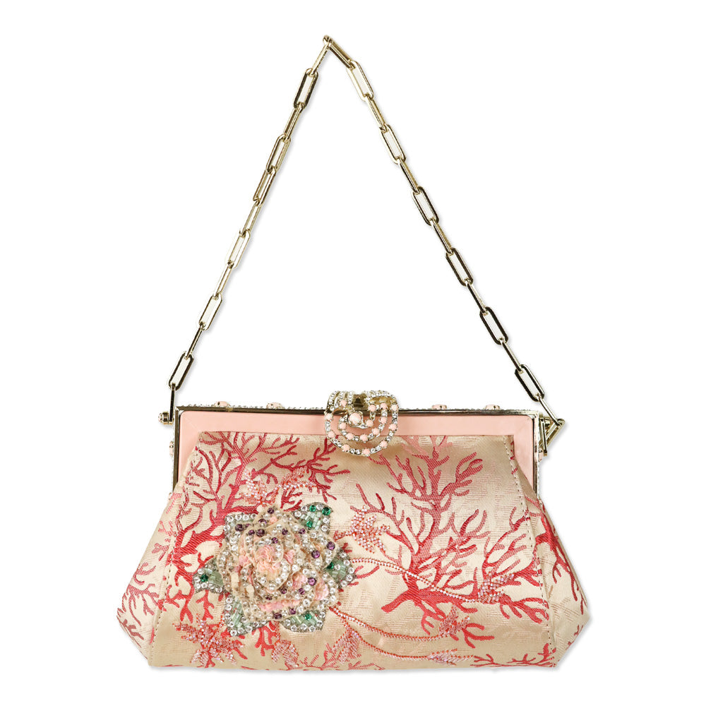 Valentino Garavani Pink Satin Coral Pattern Beaded Floral Appliqué Evening Bag