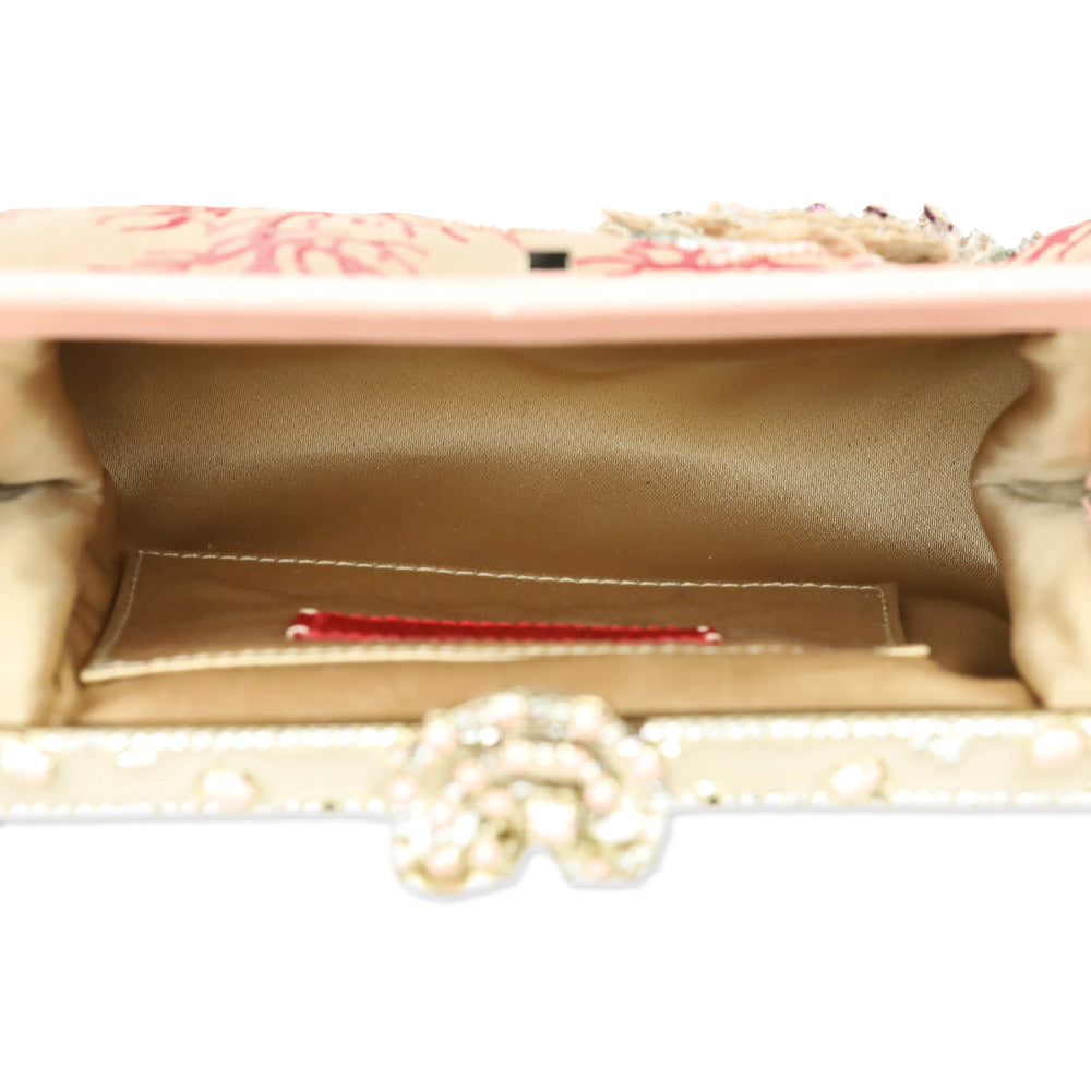 Valentino Garavani Pink Satin Coral Pattern Beaded Floral Appliqué Evening Bag