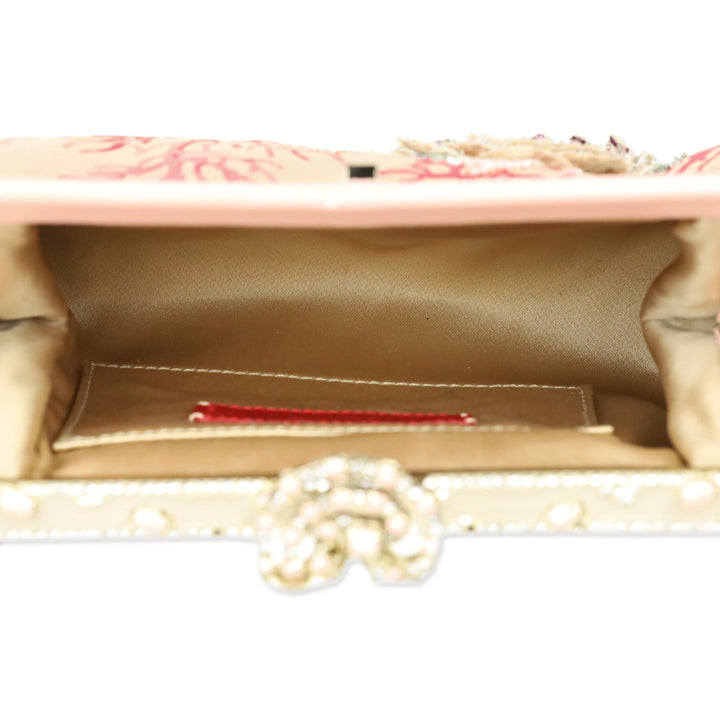 Valentino Garavani Pink Satin Coral Pattern Beaded Floral Appliqué Evening Bag