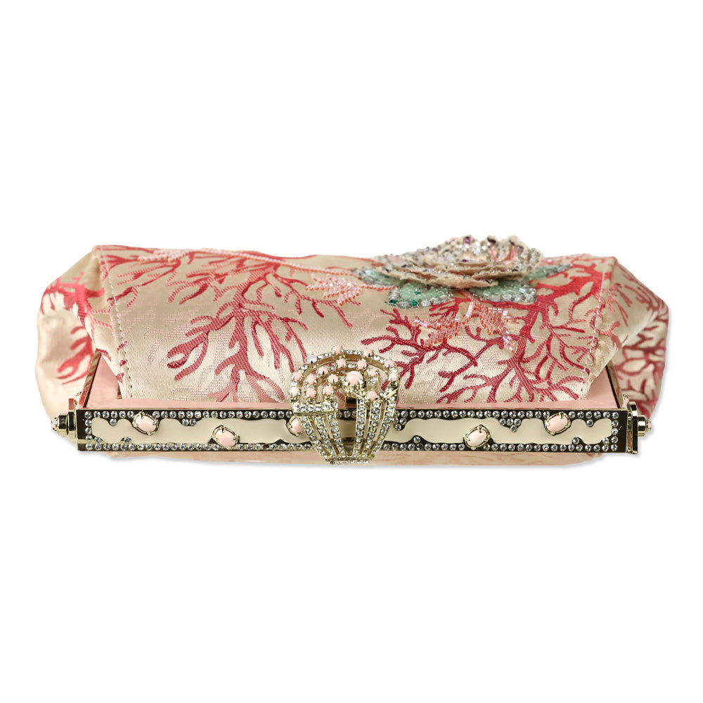 Valentino Garavani Pink Satin Coral Pattern Beaded Floral Appliqué Evening Bag