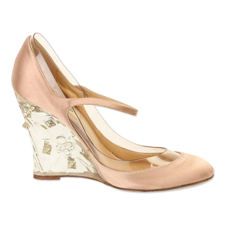 Valentino Garavani Pink Satin/PVC Crystal Rockstud Plexi Wedge Mary Jane Pumps