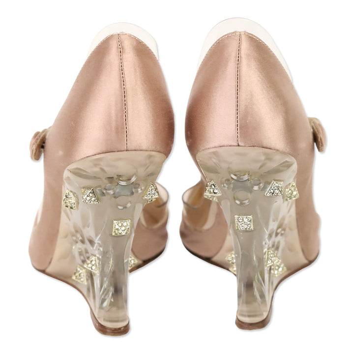Valentino Garavani Pink Satin/PVC Crystal Rockstud Plexi Wedge Mary Jane Pumps
