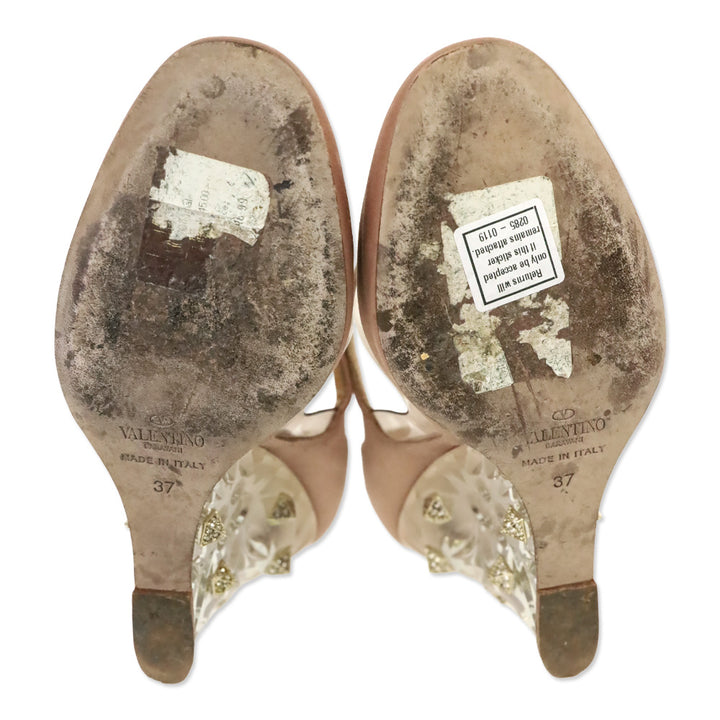 Valentino Garavani Pink Satin/PVC Crystal Rockstud Plexi Wedge Mary Jane Pumps