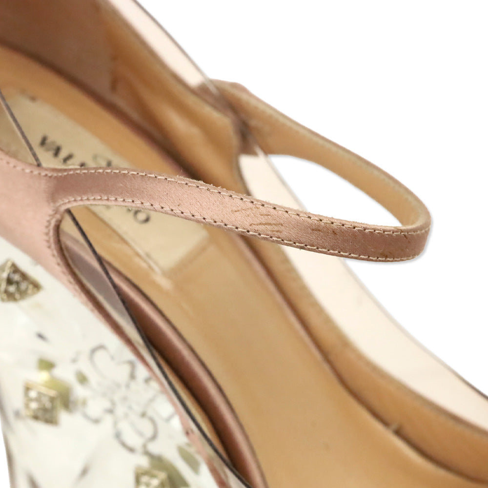 Valentino Garavani Pink Satin/PVC Crystal Rockstud Plexi Wedge Mary Jane Pumps