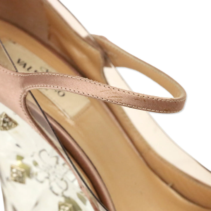 Valentino Garavani Pink Satin/PVC Crystal Rockstud Plexi Wedge Mary Jane Pumps