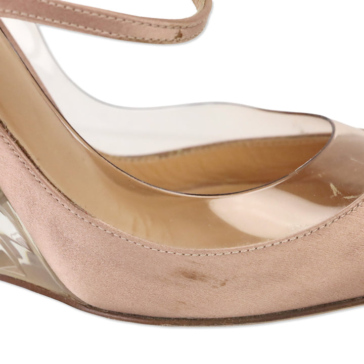 Valentino Garavani Pink Satin/PVC Crystal Rockstud Plexi Wedge Mary Jane Pumps