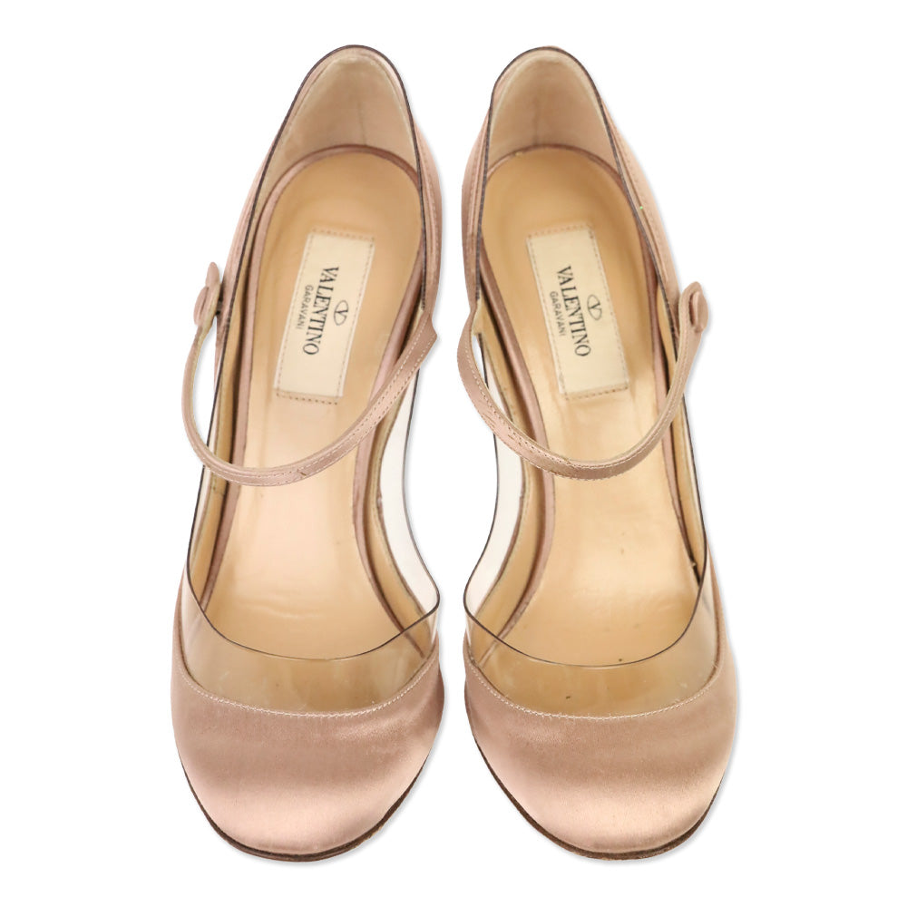 Valentino Garavani Pink Satin/PVC Crystal Rockstud Plexi Wedge Mary Jane Pumps