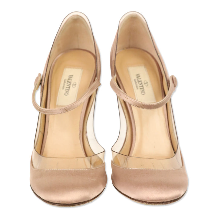Valentino Garavani Pink Satin/PVC Crystal Rockstud Plexi Wedge Mary Jane Pumps