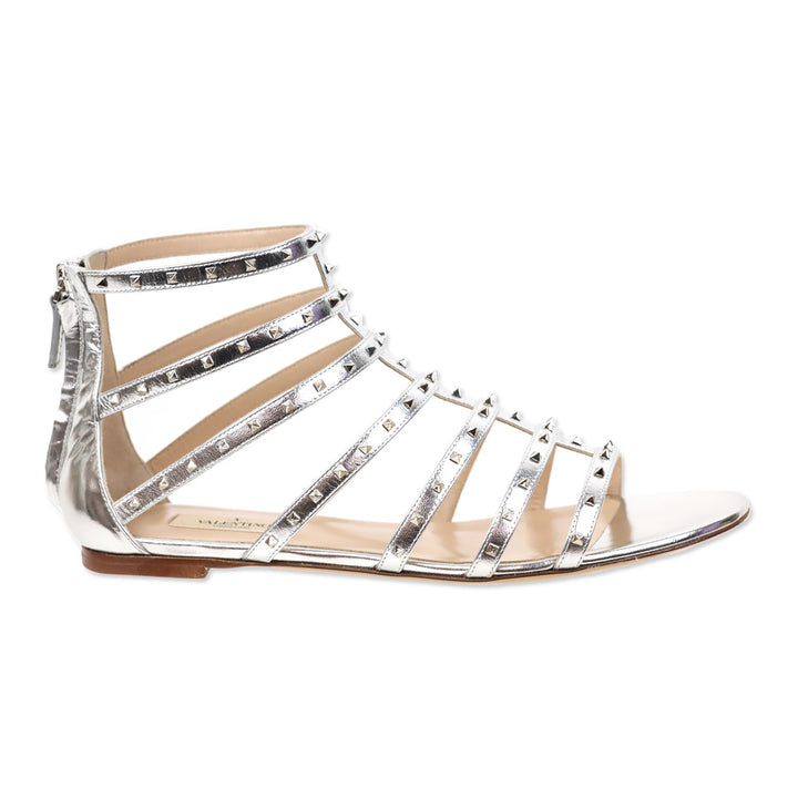 Valentino Garavani Rockstud Metallic Silver Gladiator Sandal