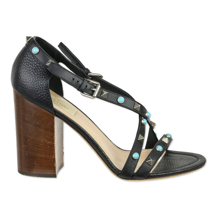 Valentino Garavani Rockstud Rolling Black Leather Wooden Block Heel Sandal