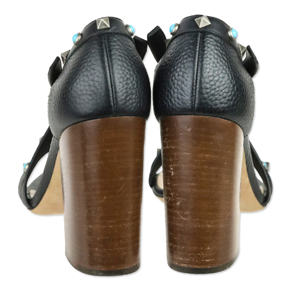 Valentino Garavani Rockstud Rolling Black Leather Wooden Block Heel Sandal