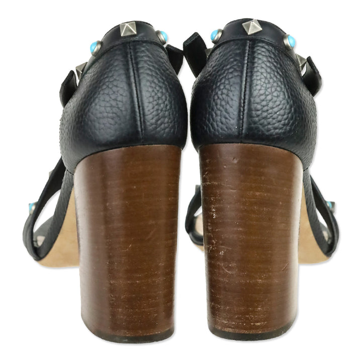 Valentino Garavani Rockstud Rolling Black Leather Wooden Block Heel Sandal