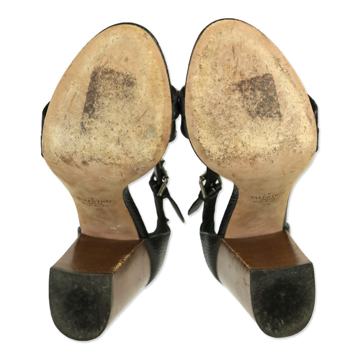 Valentino Garavani Rockstud Rolling Black Leather Wooden Block Heel Sandal