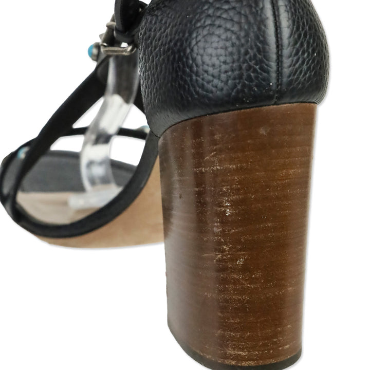 Valentino Garavani Rockstud Rolling Black Leather Wooden Block Heel Sandal