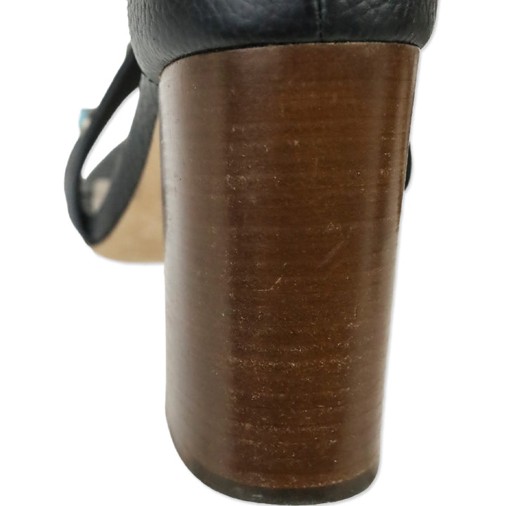 Valentino Garavani Rockstud Rolling Black Leather Wooden Block Heel Sandal