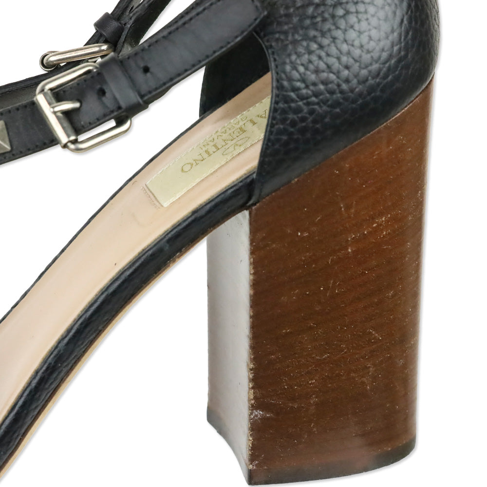 Valentino Garavani Rockstud Rolling Black Leather Wooden Block Heel Sandal