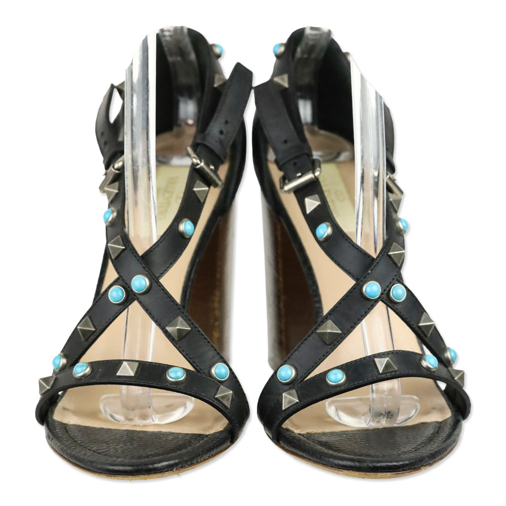 Valentino Garavani Rockstud Rolling Black Leather Wooden Block Heel Sandal