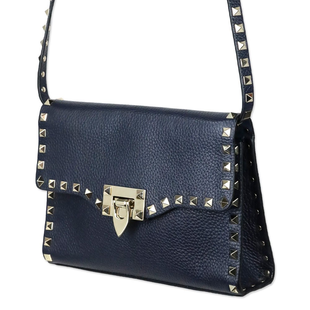 Valentino Garavani Small Rockstud Navy Grainy Calfskin Crossbody Bag