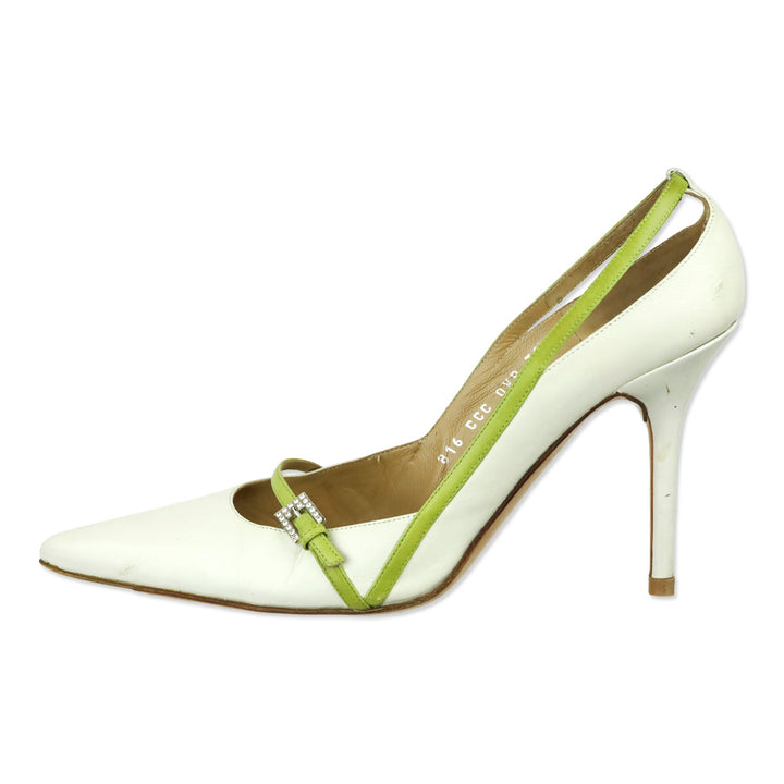 Valentino Garavani White Leather Crystal Buckle Strap Pump