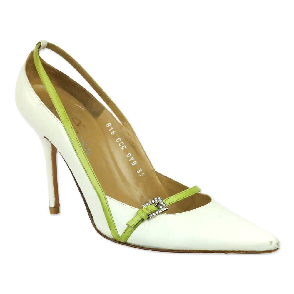 Valentino Garavani White Leather Crystal Buckle Strap Pump