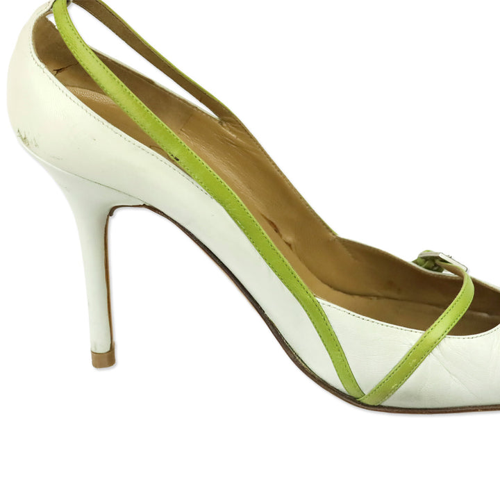 Valentino Garavani White Leather Crystal Buckle Strap Pump