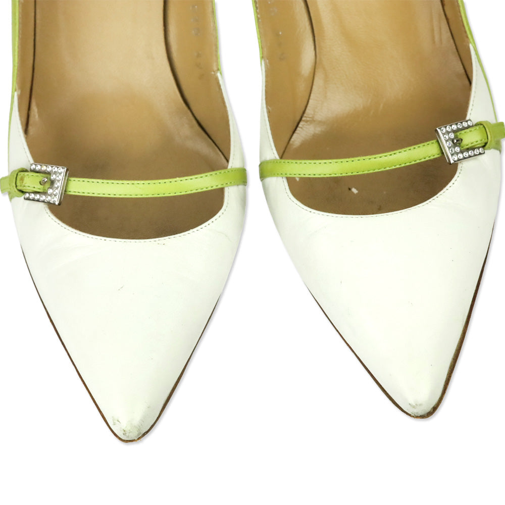 Valentino Garavani White Leather Crystal Buckle Strap Pump