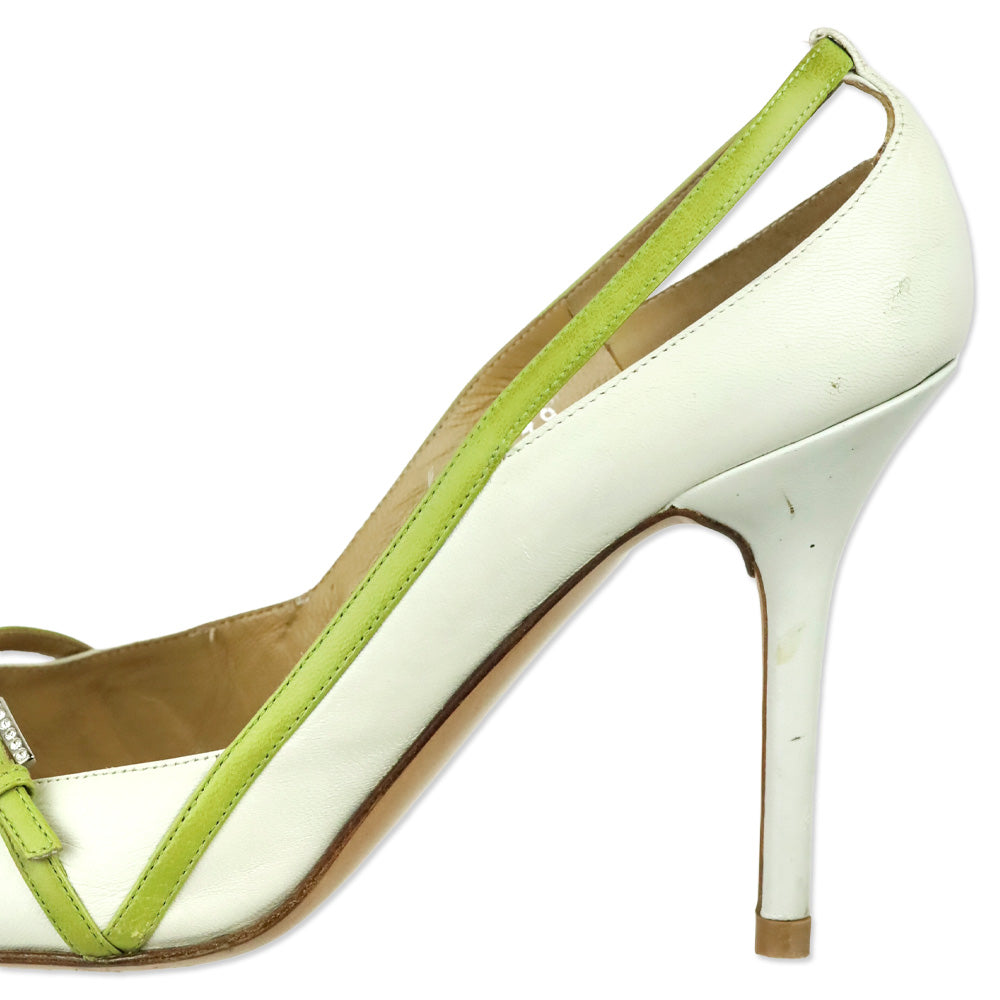 Valentino Garavani White Leather Crystal Buckle Strap Pump
