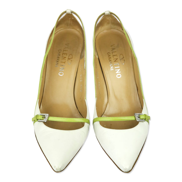 Valentino Garavani White Leather Crystal Buckle Strap Pump