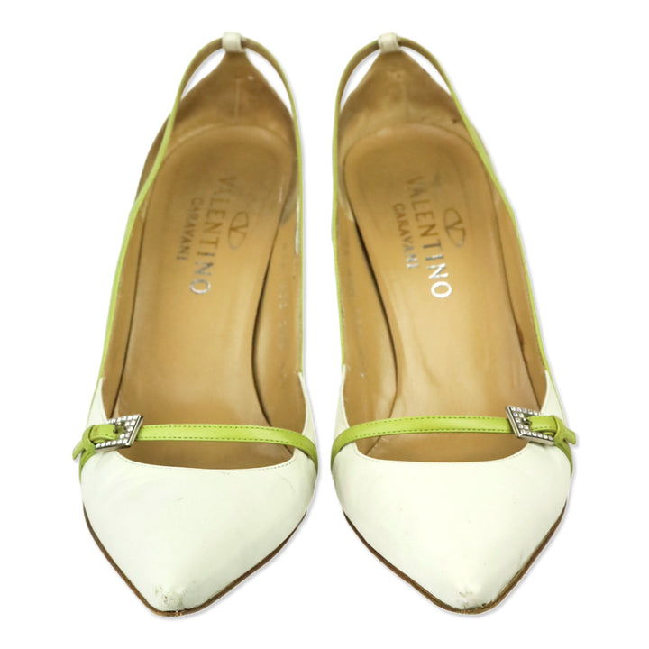 Valentino Garavani White Leather Crystal Buckle Strap Pump