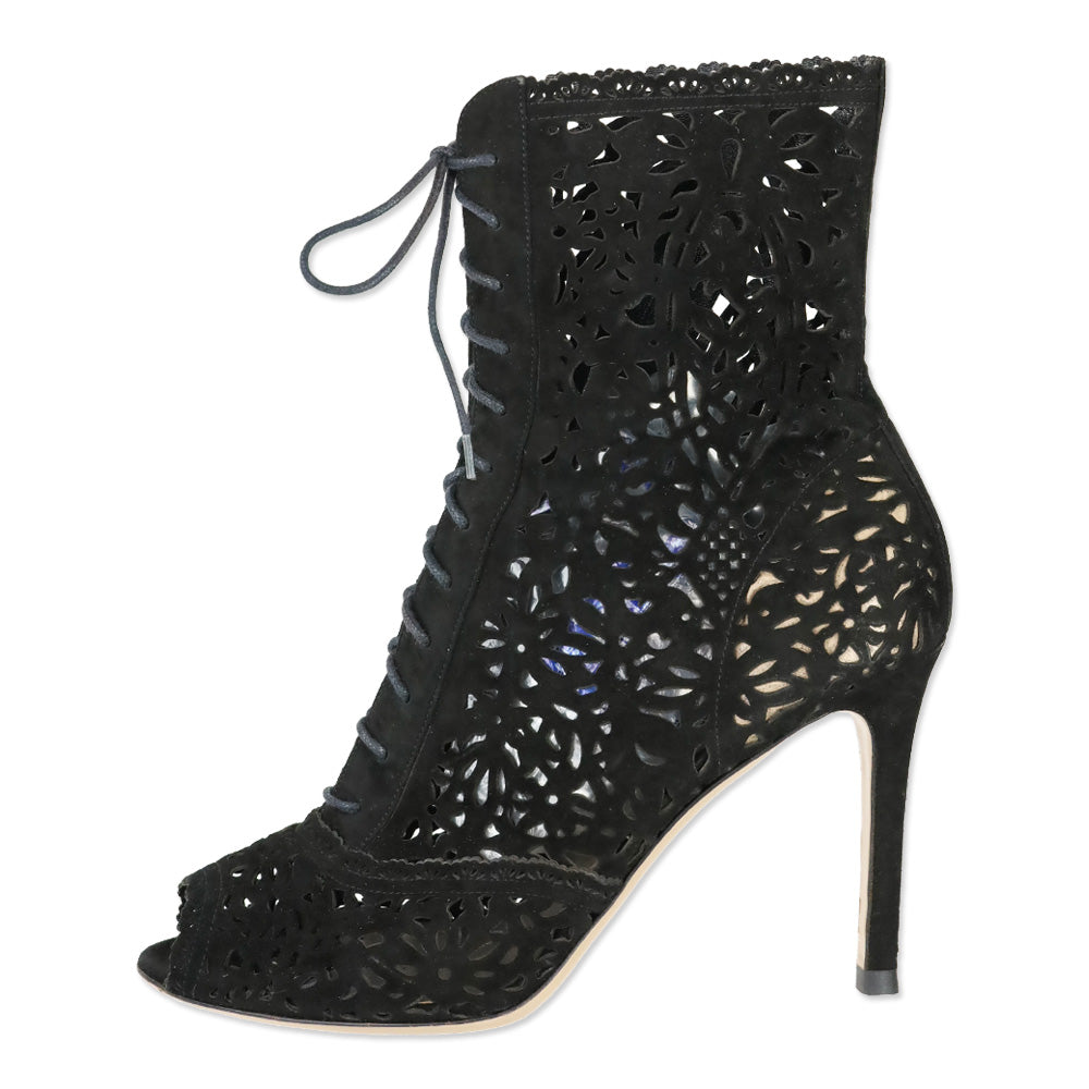 Valentino Laser Cut Black Suede Lace-Up Peep-Toe Ankle Boots