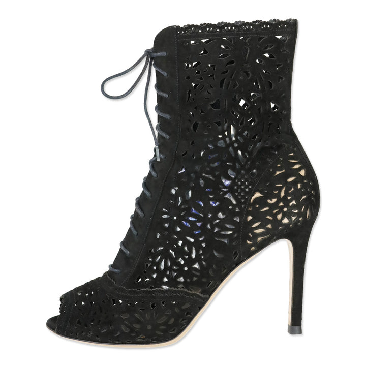 Valentino Laser Cut Black Suede Lace-Up Peep-Toe Ankle Boots