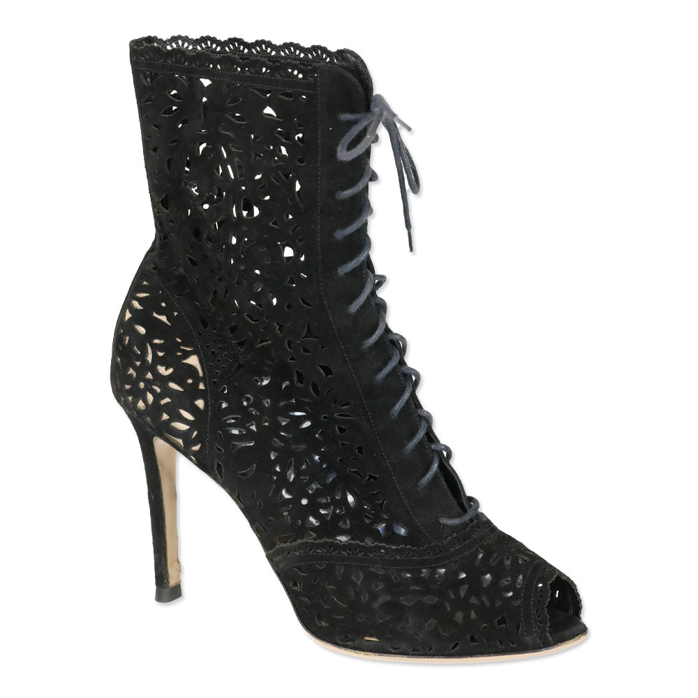 Valentino Laser Cut Black Suede Lace-Up Peep-Toe Ankle Boots