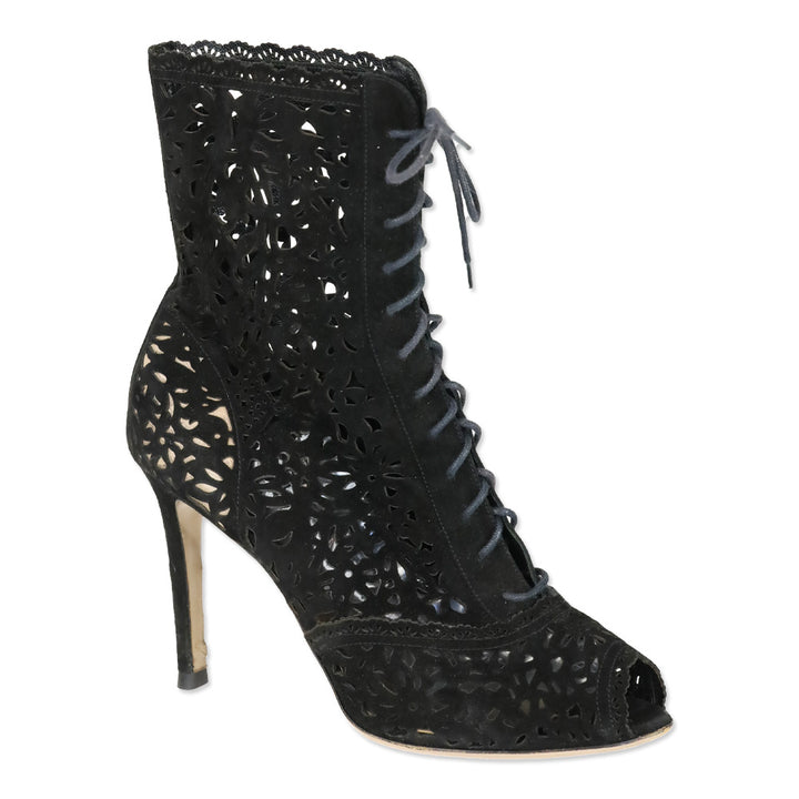 Valentino Laser Cut Black Suede Lace-Up Peep-Toe Ankle Boots