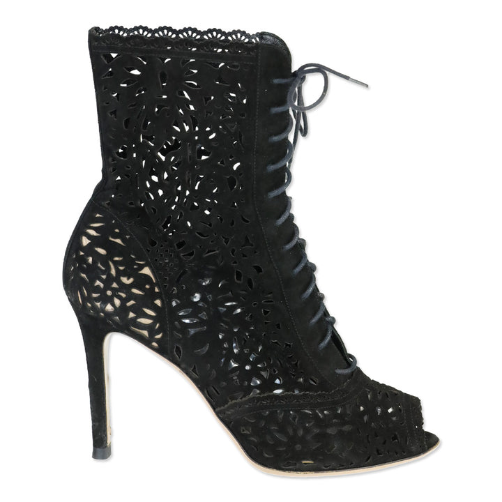 Valentino Laser Cut Black Suede Lace-Up Peep-Toe Ankle Boots