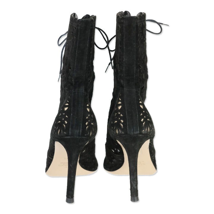 Valentino Laser Cut Black Suede Lace-Up Peep-Toe Ankle Boots
