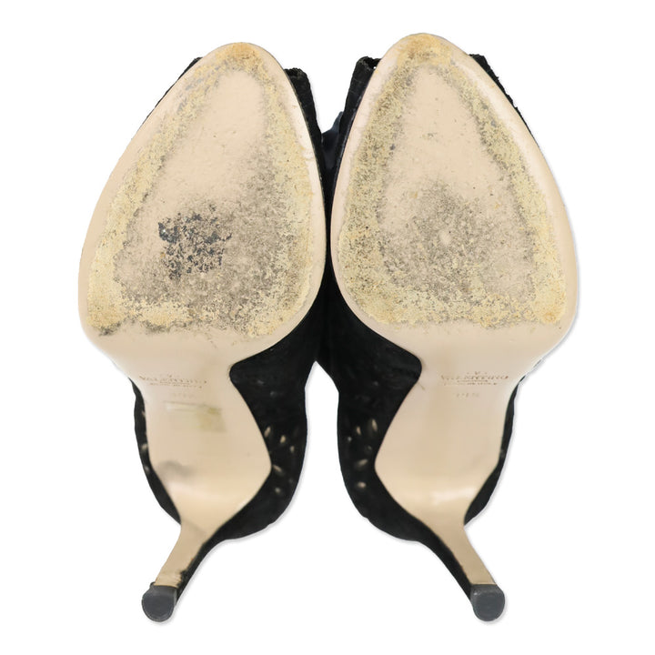 Valentino Laser Cut Black Suede Lace-Up Peep-Toe Ankle Boots