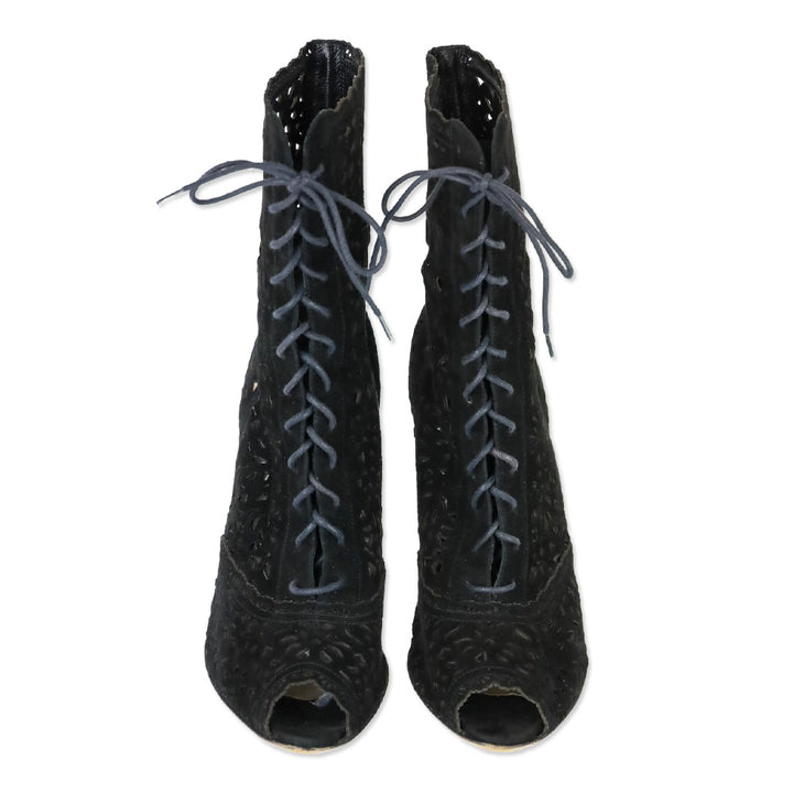 Valentino Laser Cut Black Suede Lace-Up Peep-Toe Ankle Boots
