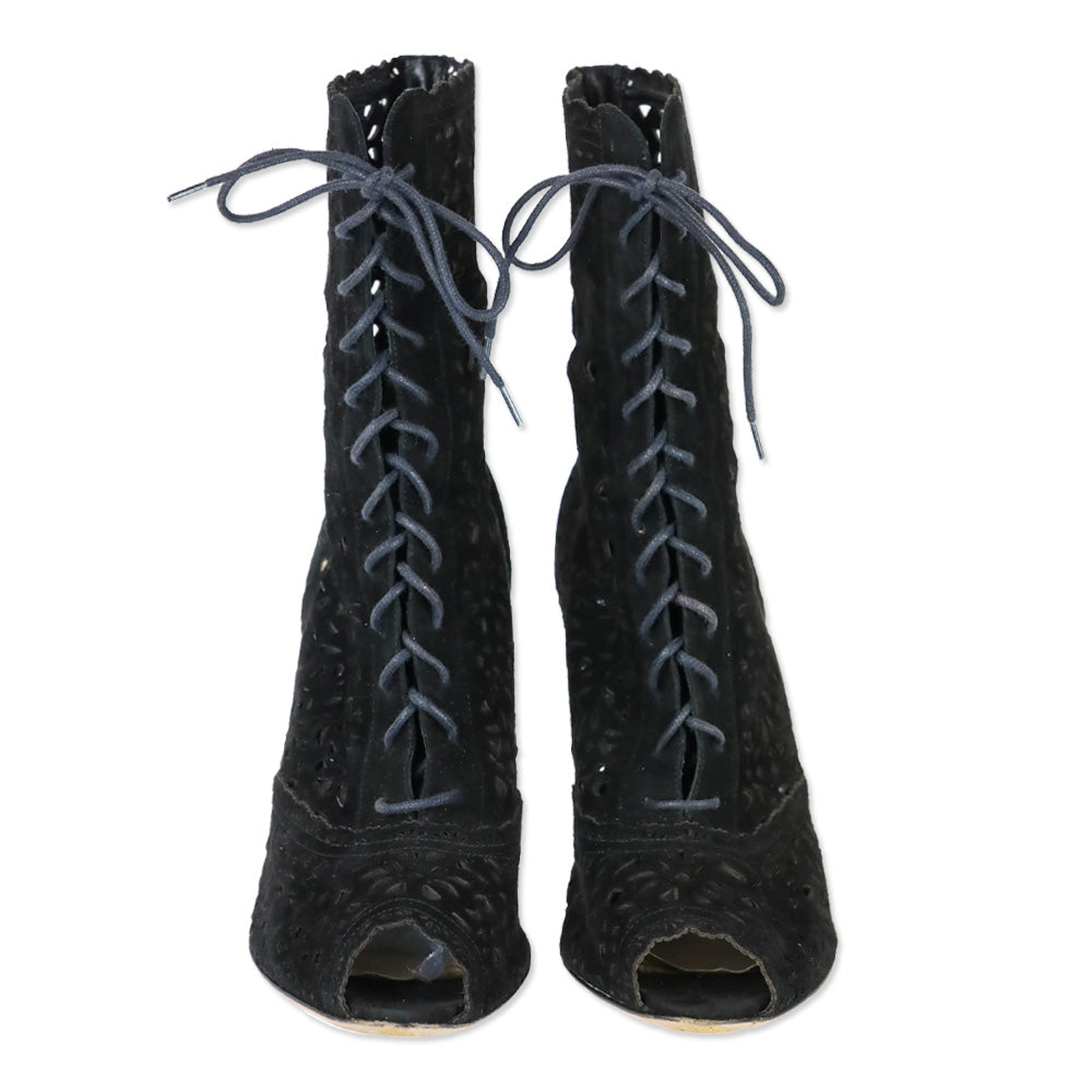 Valentino Laser Cut Black Suede Lace-Up Peep-Toe Ankle Boots