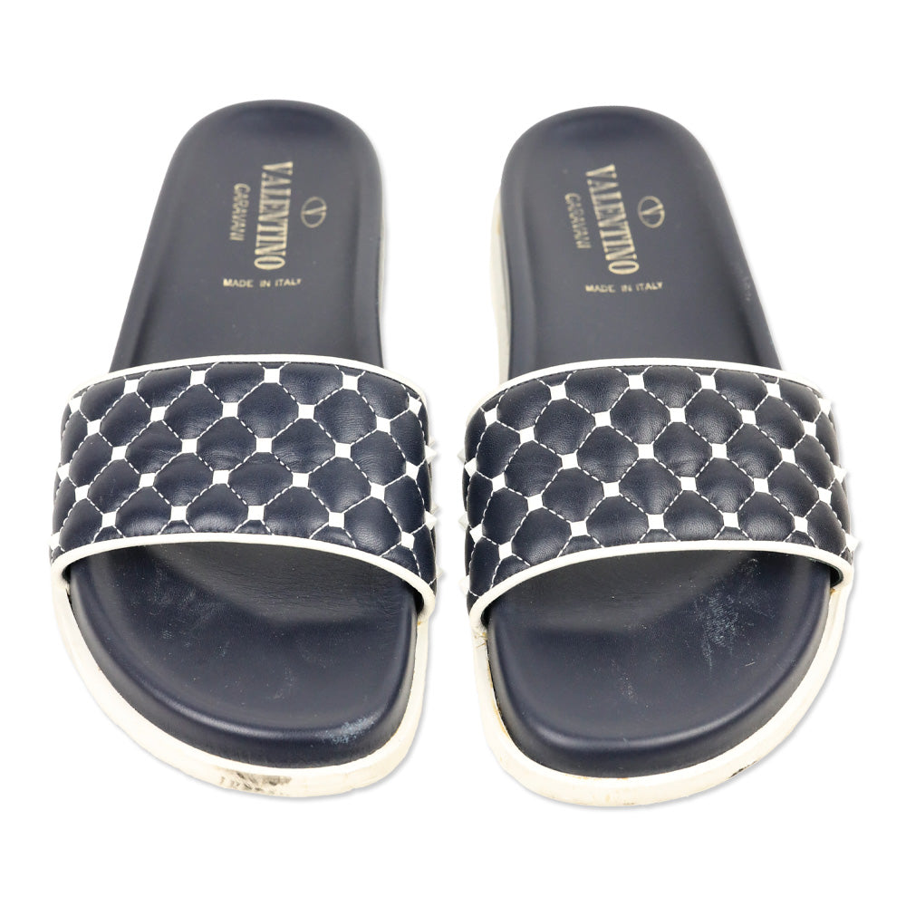 Valentino Navy Rockstud Quilted Slide Sandals