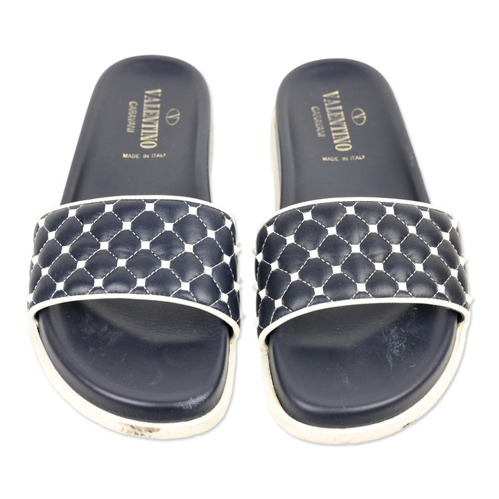 Valentino Navy Rockstud Quilted Slide Sandals