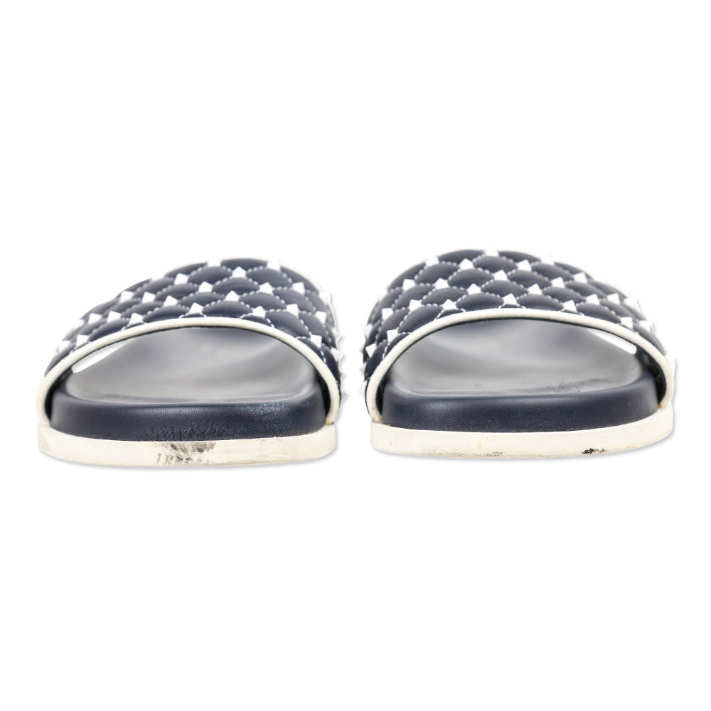 Valentino Navy Rockstud Quilted Slide Sandals