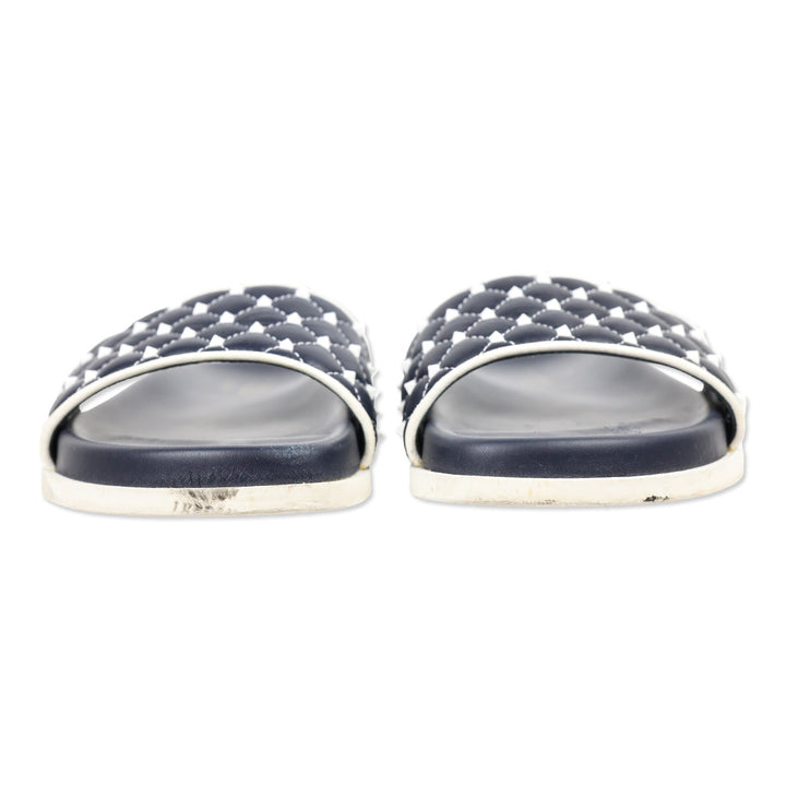Valentino Navy Rockstud Quilted Slide Sandals