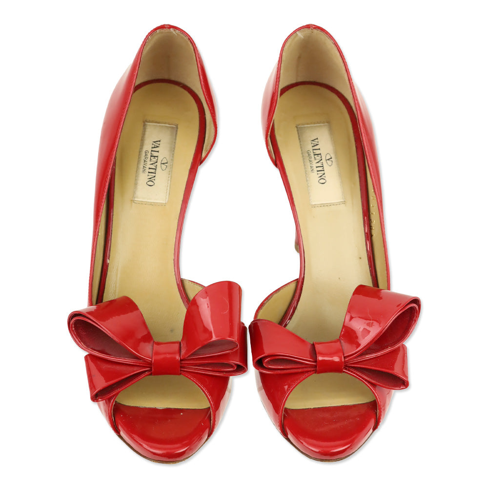 Valentino Red Patent Leather Bow D'orsay Peep Pumps
