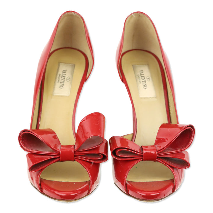 Valentino Red Patent Leather Bow D'orsay Peep Pumps