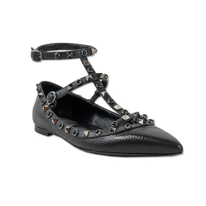 Valentino Rockstud Leather Buckle Pointed Toe Flats