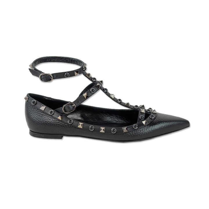 Valentino Rockstud Leather Buckle Pointed Toe Flats