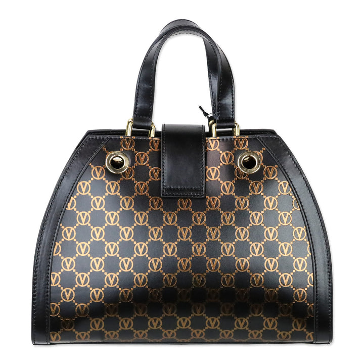 Valentino by Mario Valentino Black/Gold Monogram Leather Top Handle Bag
