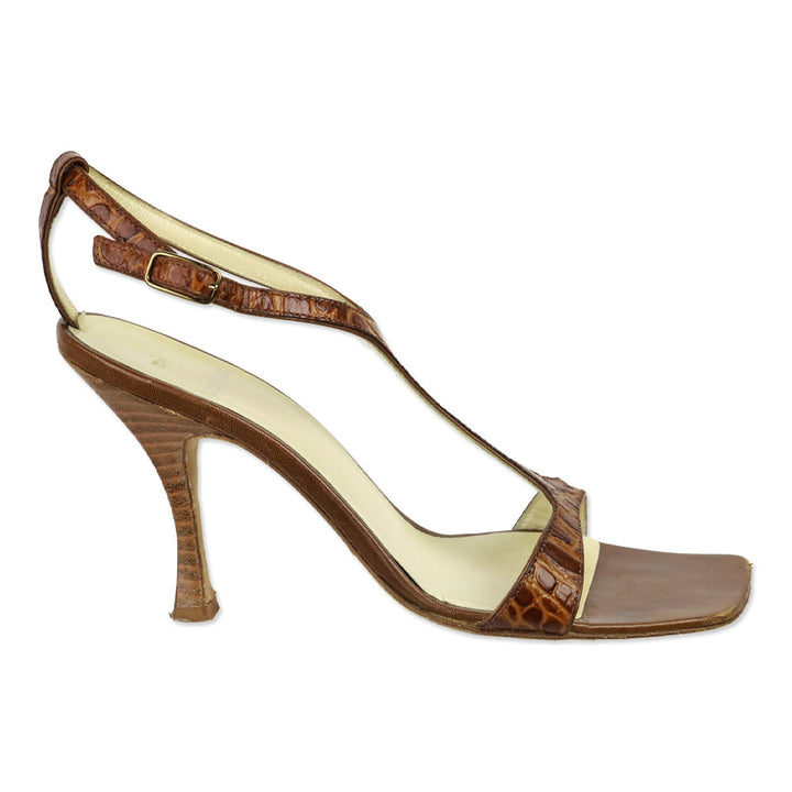 Vera Wang Brown Croc Embossed Leather T-Strap Sandal