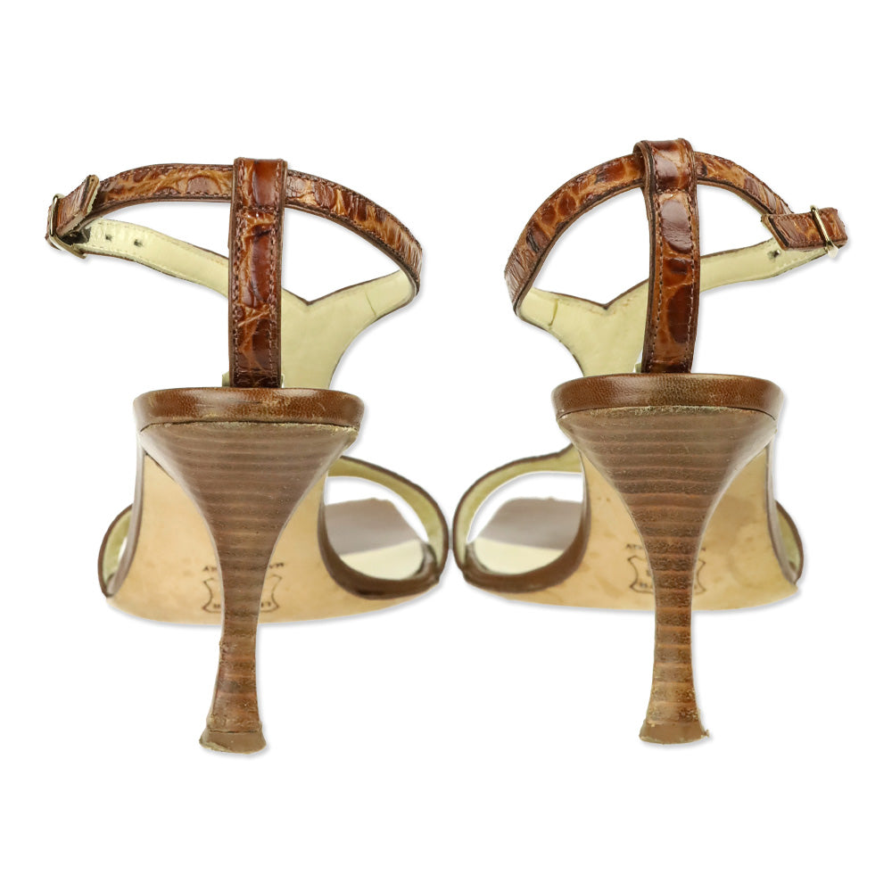 Vera Wang Brown Croc Embossed Leather T-Strap Sandal